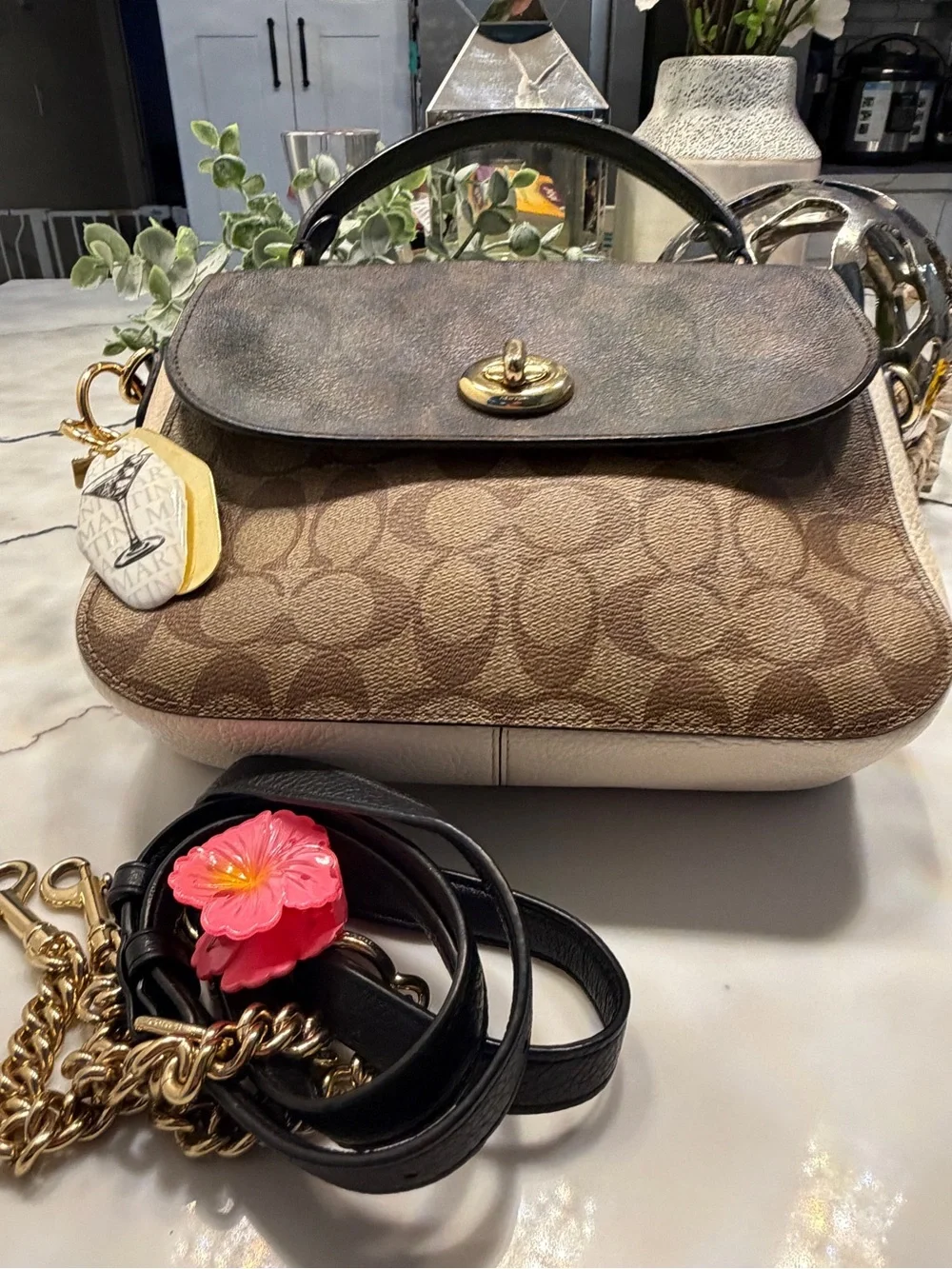 Coach Brown Signature Canvas Satchel with Black Flap and Gold Hardware